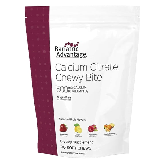 Bariatric Advantage Calcium Citrate Chewy Bites 500 mg - for Bariatric Surgery Patients - Vitamin D3 - Sugar-Free Chewable Calcium Supplement - Bariatric Chews - Assorted Fruit - 90 Count