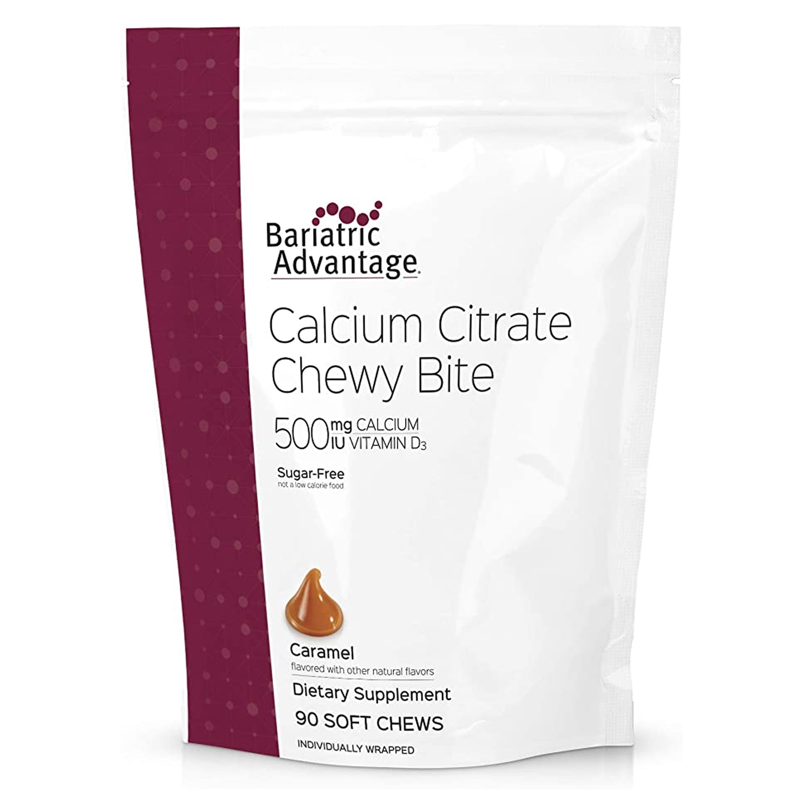 Bariatric Advantage Calcium Citrate Chewy Bites 500 mg - for Bariatric Surgery Patients - Vitamin D3 - Sugar-Free Chewable Calcium Supplement - Bariatric Chews - Caramel Flavor - 90 Count