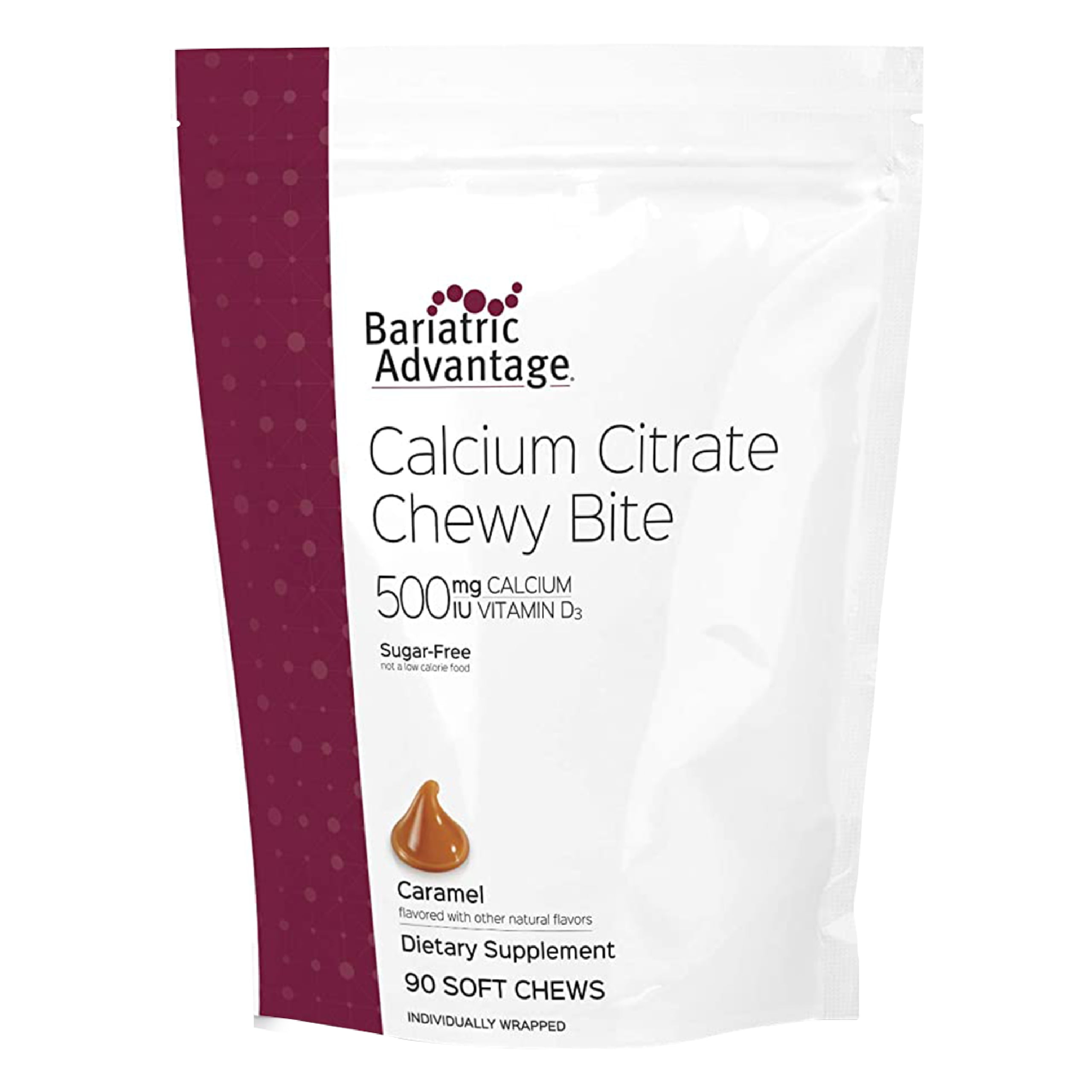 Bariatric Advantage Calcium Citrate Chewy Bites 500 mg - for Bariatric Surgery Patients - Vitamin D3 - Sugar-Free Chewable Calcium Supplement - Bariatric Chews - Caramel Flavor - 90 Count