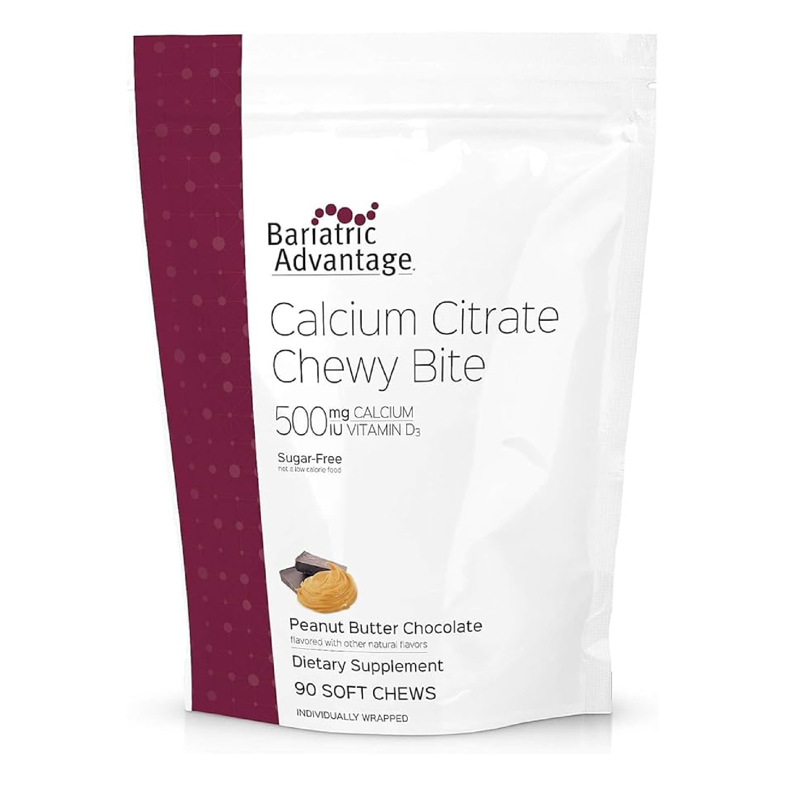 Bariatric Advantage Calcium Citrate Chewy Bites 500 mg - for Bariatric Surgery Patients - Vitamin D3 - Sugar-Free Chewable Calcium Supplement - Bariatric Chews - Chocolate - 90 Count