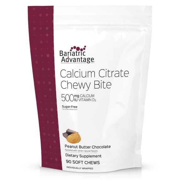 Bariatric Advantage Calcium Citrate Chewy Bites 500 mg - for Bariatric Surgery Patients - Vitamin D3 - Sugar-Free Chewable Calcium Supplement - Bariatric Chews - Chocolate - 90 Count