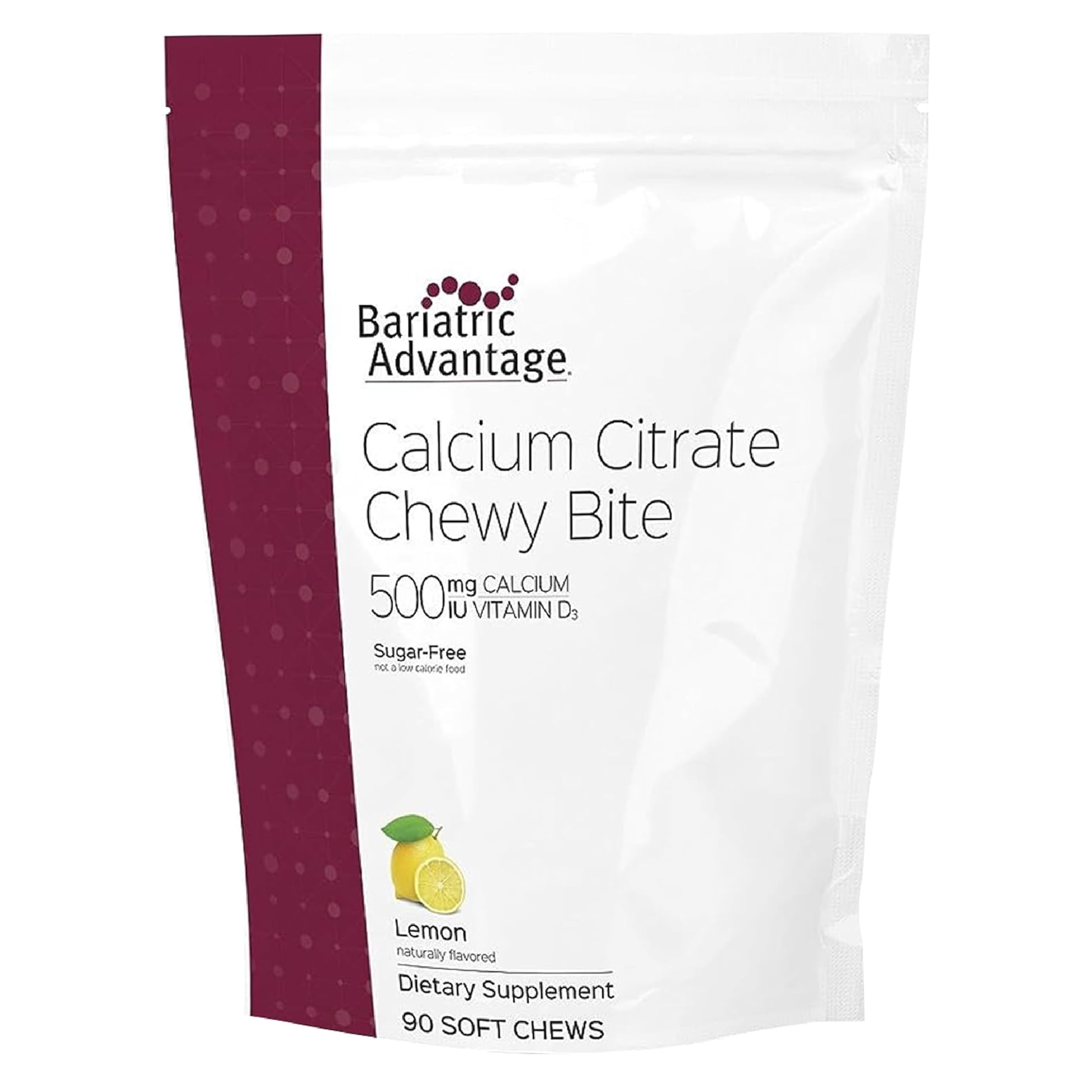 Bariatric Advantage Calcium Citrate Chewy Bites 500 mg - for Bariatric Surgery Patients - Vitamin D3 - Sugar-Free Chewable Calcium Supplement - Bariatric Chews - Lemon Flavor - 90 Count