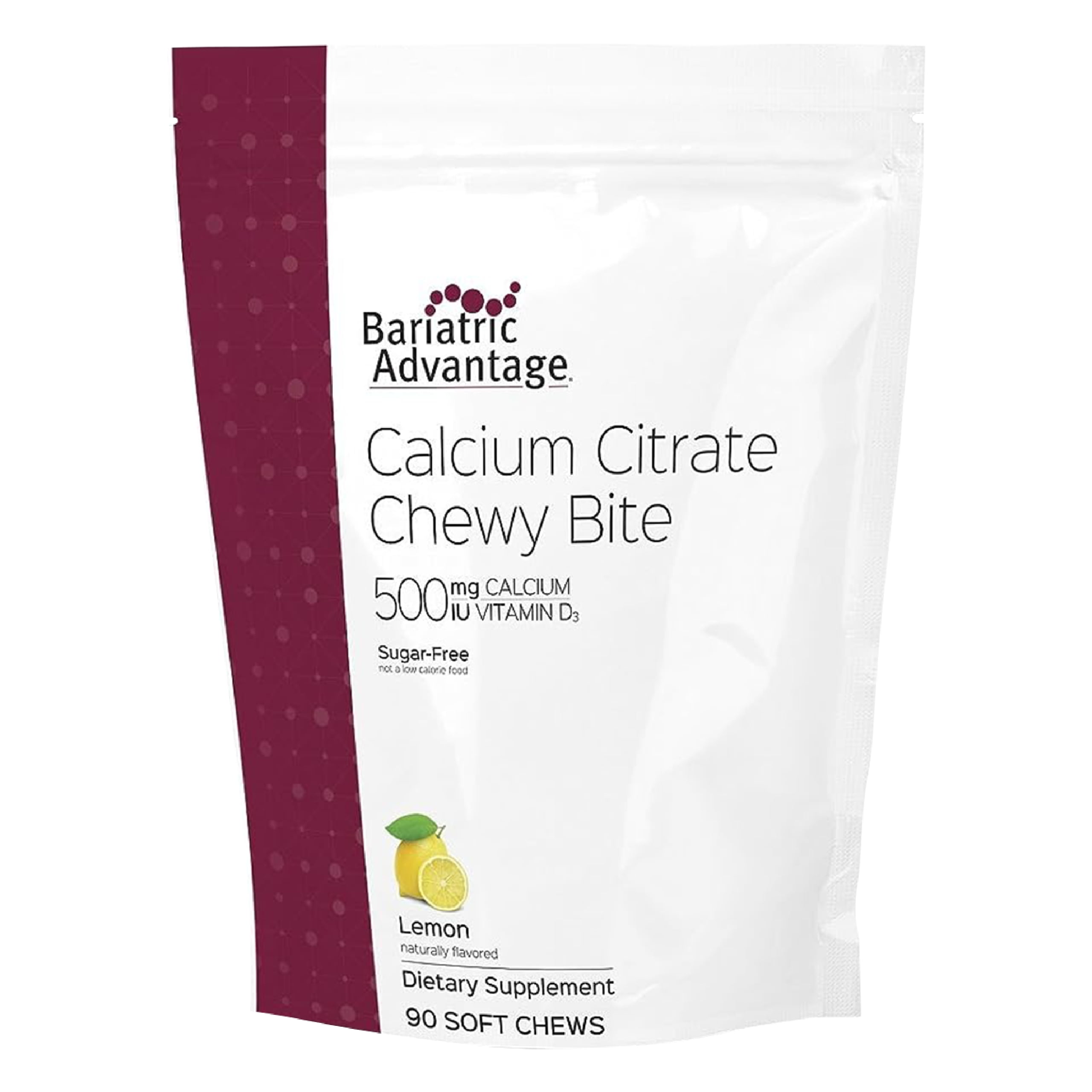 Bariatric Advantage Calcium Citrate Chewy Bites 500 mg - for Bariatric Surgery Patients - Vitamin D3 - Sugar-Free Chewable Calcium Supplement - Bariatric Chews - Lemon Flavor - 90 Count
