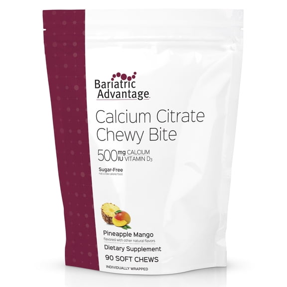 Bariatric Advantage Calcium Citrate Chewy Bites 500 mg - for Bariatric Surgery Patients - Vitamin D3 - Sugar-Free Chewable Calcium Supplement - Bariatric Chews - Pineapple Mango - 90 Count