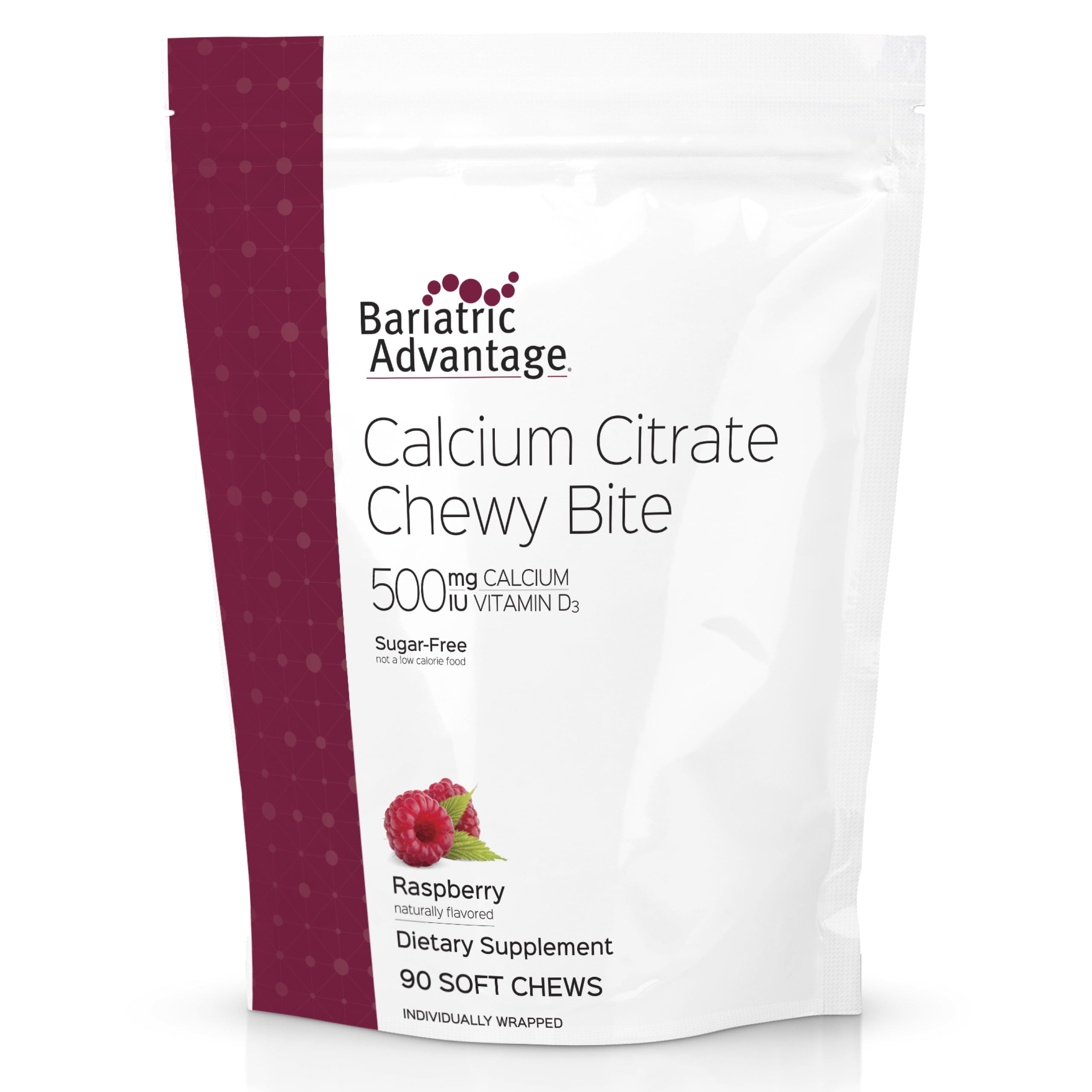 Bariatric Advantage Calcium Citrate Chewy Bites 500 mg - for Bariatric Surgery Patients - Vitamin D3 - Sugar-Free Chewable Calcium Supplement - Bariatric Chews - Raspberry Flavor - 90 Count