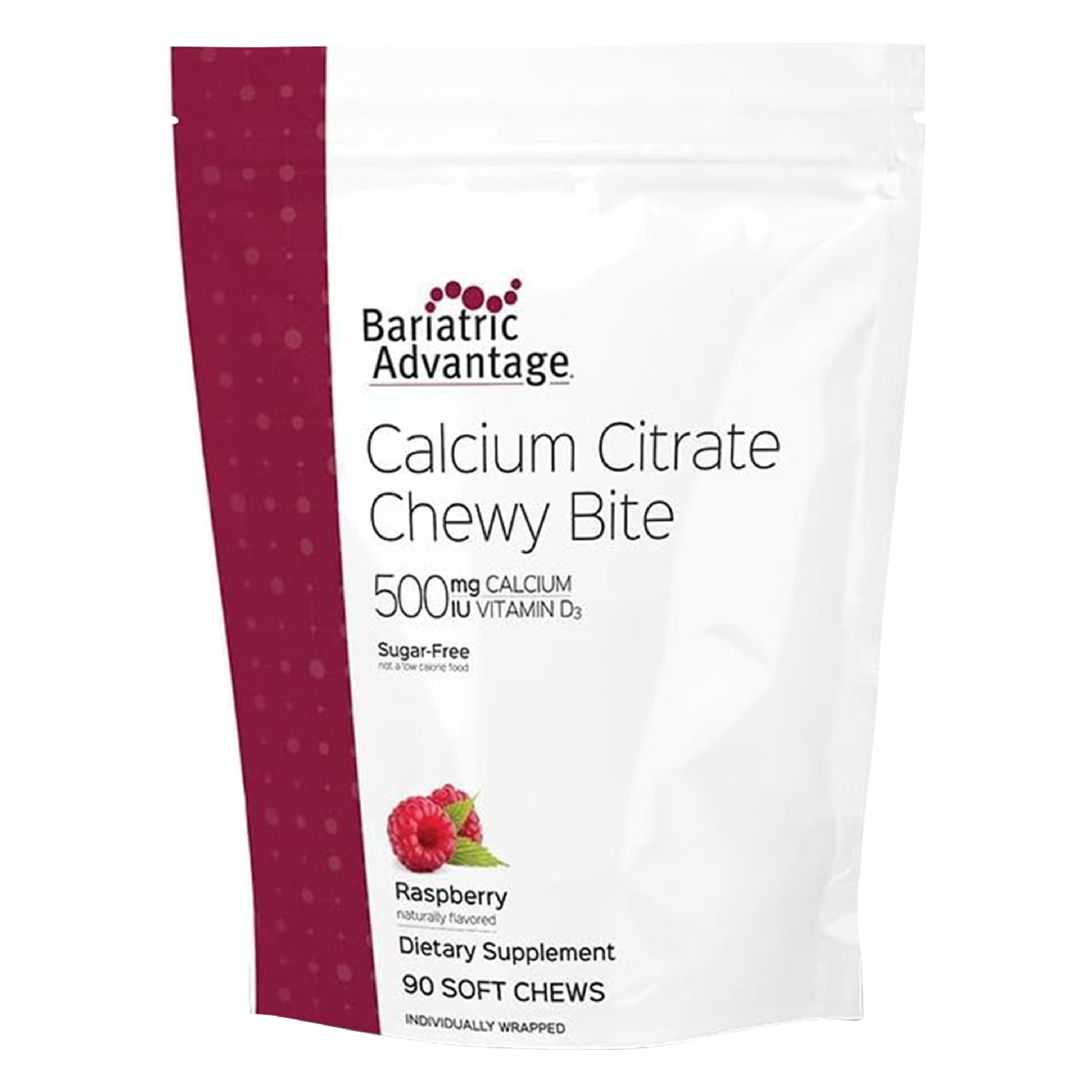 Bariatric Advantage Calcium Citrate Chewy Bites 500 mg - for Bariatric Surgery Patients - Vitamin D3 - Sugar-Free Chewable Calcium Supplement - Bariatric Chews - Raspberry Flavor - 90 Count