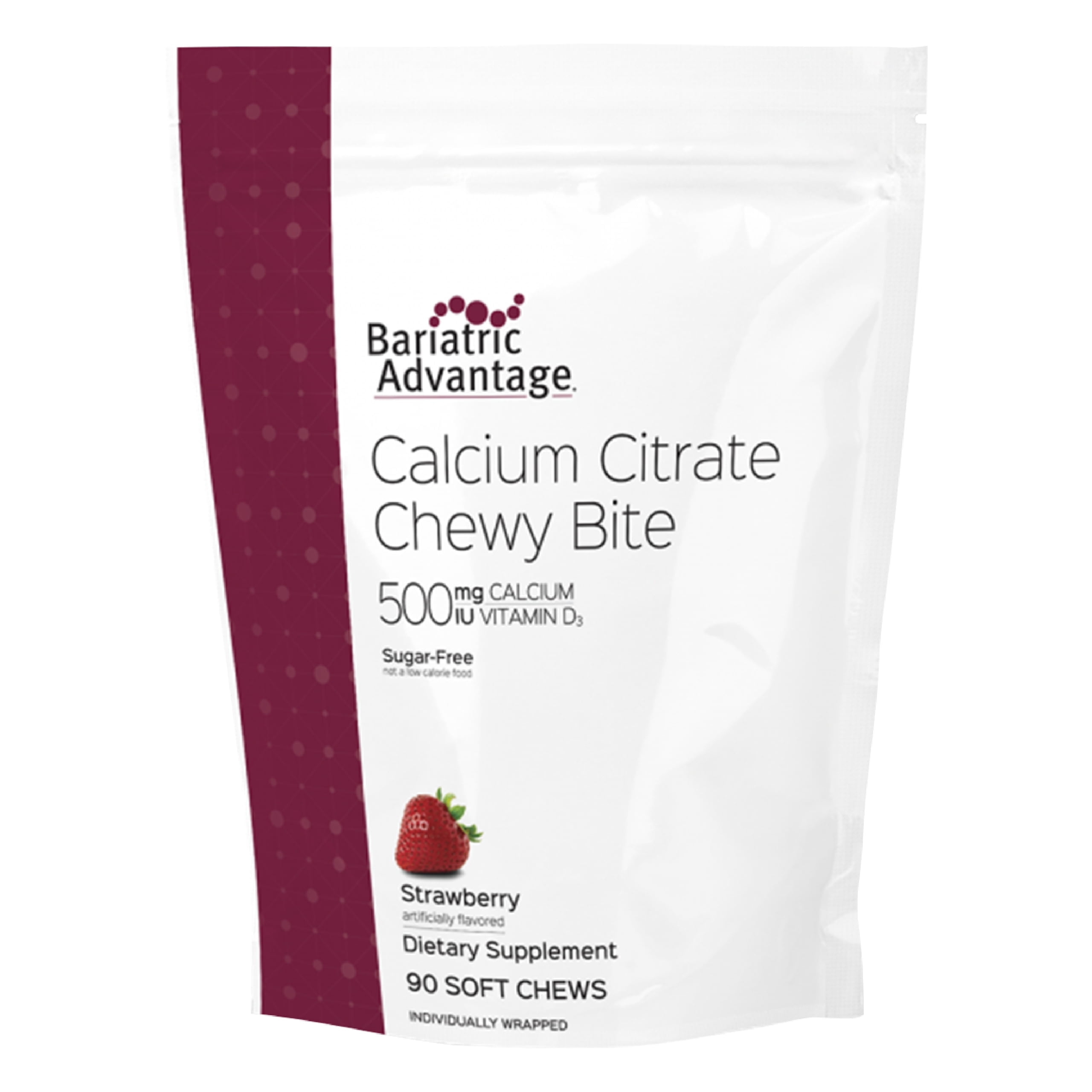 Bariatric Advantage Calcium Citrate Chewy Bites 500 mg - for Bariatric Surgery Patients - Vitamin D3 - Sugar-Free Chewable Calcium Supplement - Bariatric Chews - Strawberry Flavor - 90 Count