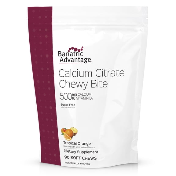 Bariatric Advantage Calcium Citrate Chewy Bites 500 mg - for Bariatric Surgery Patients - Vitamin D3 - Sugar-Free Chewable Calcium Supplement - Bariatric Chews - Tropical Orange - 90 Count