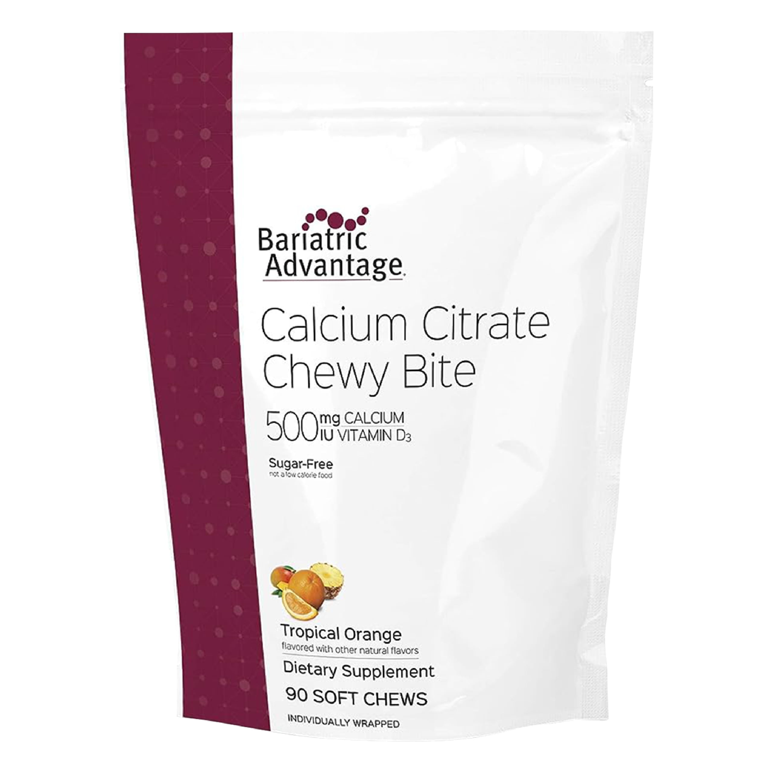 Bariatric Advantage Calcium Citrate Chewy Bites 500 mg - for Bariatric Surgery Patients - Vitamin D3 - Sugar-Free Chewable Calcium Supplement - Bariatric Chews - Tropical Orange - 90 Count