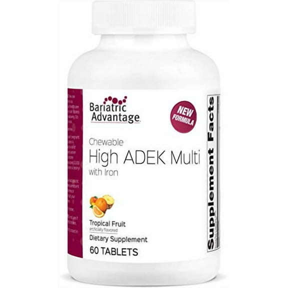 Bariatric Advantage Chewable High ADEK with Iron - forBariatric Procedure Recovery - High Potency Vitamin A, D, E & K - Includes B-Vitamins - Chewable Multivitamins - Tropical Fruit - 60 Tablets