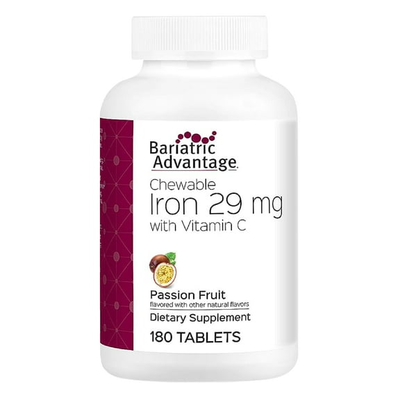 Bariatric Advantage Chewable Iron 29 mg - For Bariatric Surgery Patients - Iron with Vitamin C - No Iron Taste - Ferrous Fumarate & Carbonyl Iron supplement - Passion Fruit - 180 Count