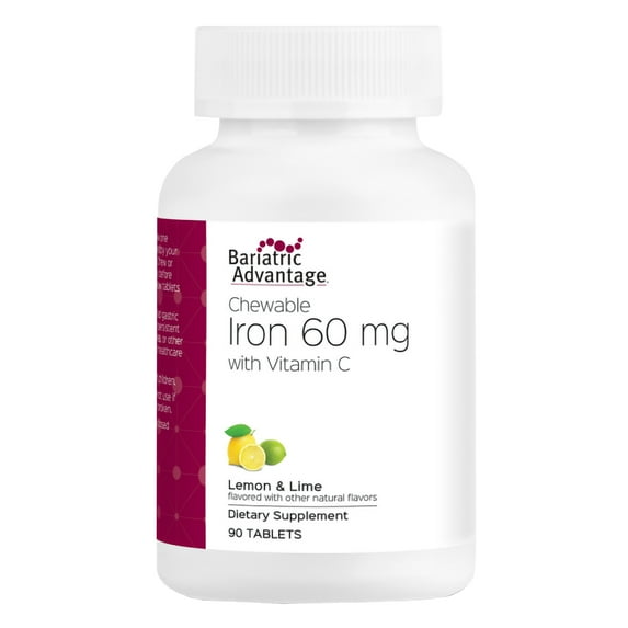 Bariatric Advantage Chewable Iron 60 mg - For Bariatric Surgery Patients - Iron with Vitamin C - No Iron Taste - Carbonyl Iron Supplement - Lemon & Lime - 90 Count