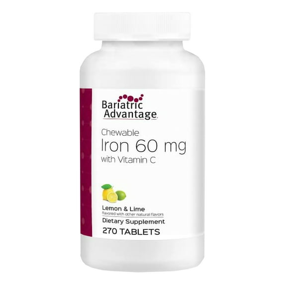 Bariatric Advantage Chewable Iron 60 mg - For Bariatric Surgery Patients - Iron with Vitamin C - No Iron Taste - Carbonyl Iron Supplement - Lemon & Lime - 270 Count