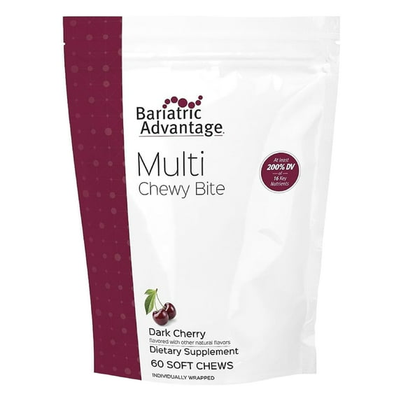 Bariatric Advantage Multi Chewy Bite - Soft Chew Multivitamin for Bariatric Surgery Patients - Chewable Multivitamin with Folic Acid, Vitamin D3 & More - Dark Cherry Flavor - 60 Count