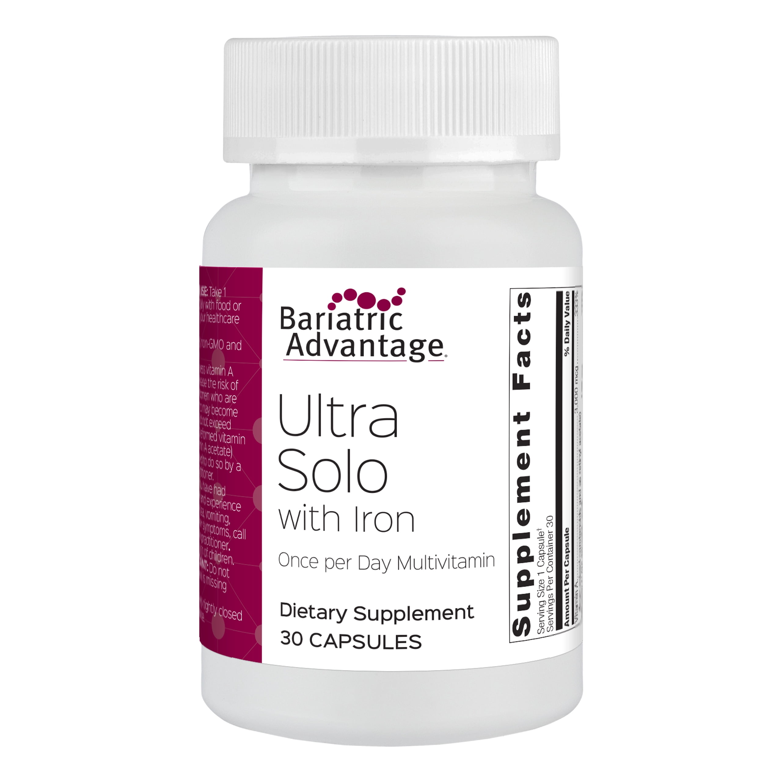 Bariatric Advantage Ultra Solo with Iron - Once-Per-Day Daily Multivitamin - For Bariatric Patients - With Thiamin, Vitamin A & More - Gluten Free - 30 Capsules