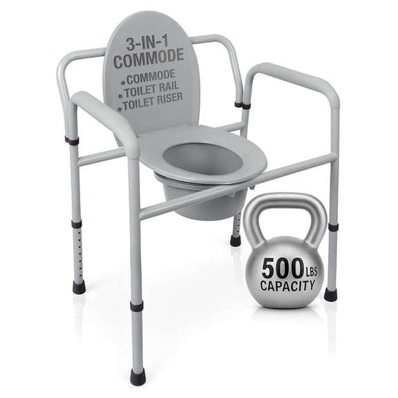 Bariatric Bedside 3-in-1 Commode 500 lb Capacity - Portable Folding Toilet Chair - Adjustable Height, Extra Wide Seat - Bucket Guard Heavy Duty Adult Bathroom, Pail Fits Standard Liner Bag