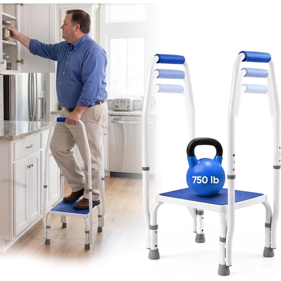 Bariatric DoubleSafe Deluxe Step Stool/Footstool with Dual Handle/Handrail, Height Adjustable. Modern White/Blue Design. Padded Non-Slip Hand Grips