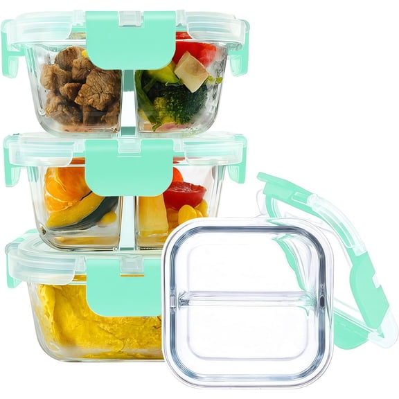 Bariatric Meal Prep Containers, 8 oz Bariatric Portion Control  Storage Containers with Two 4 oz Compartments (3 ),  Glass Snack Containers with  Airtight  (Light )