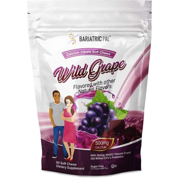 BariatricPal Sugar-Free Calcium Citrate Soft Chews 500mg with Probiotics - Wild Grape Size: 180ct