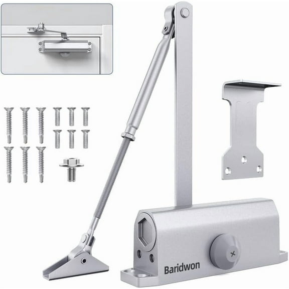 Baridwon Silver Small Hydraulic Door Closer with Hold Open, No Slam Self-Closing for Home Use, Heavy Duty Smooth Operation