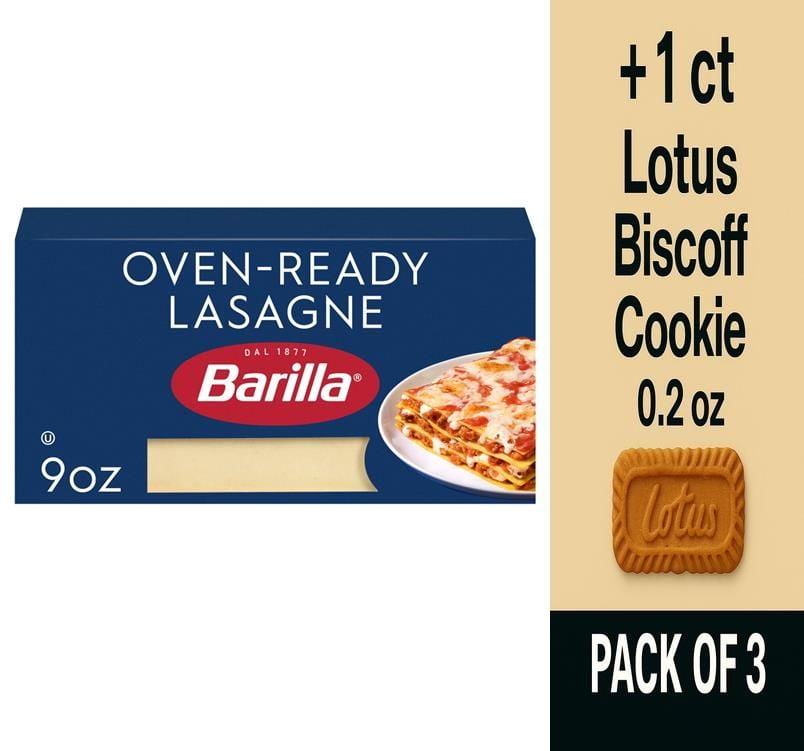Barilla Oven-Ready Lasagne Kosher Certified Pasta Made with Durum Wheat Semolina 9 oz - Pack of 3 & Lotus Biscoff Cookie - 0.2 Oz - 1 ct