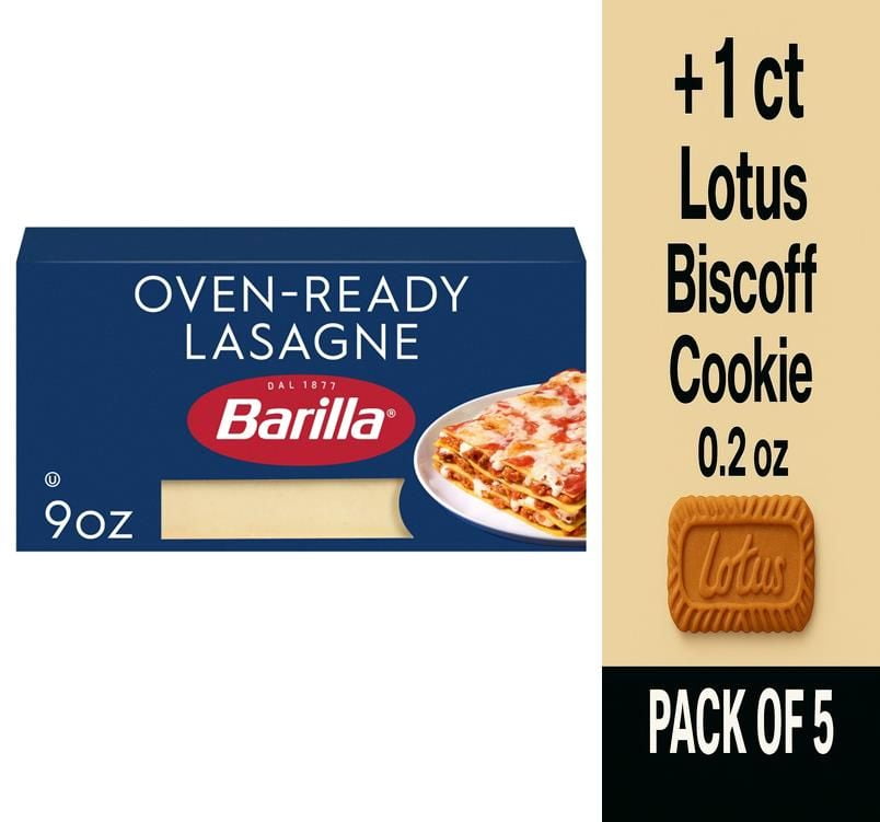 Barilla Oven-Ready Lasagne Kosher Certified Pasta Made with Durum Wheat Semolina 9 oz - Pack of 5 & Lotus Biscoff Cookie - 0.2 Oz - 1 ct