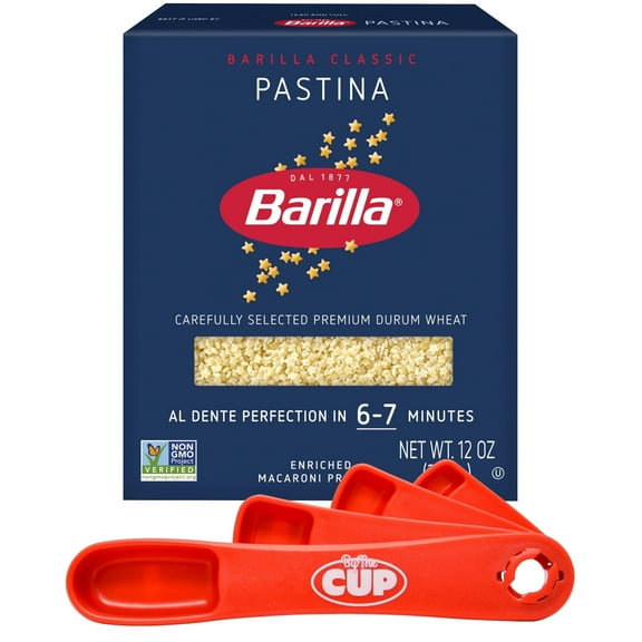 Barilla Pastina Pasta, 12 Ounce Box, Non-GMO, Contains Wheat with By The Cup Swivel Spoons