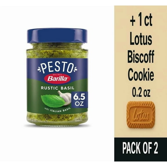Barilla Rustic Basil Pesto with Italian Basil Pasta Sauce and Spread 6.5 oz - Pack of 2 & Lotus Biscoff Cookie - 0.2 Oz - 1 ct