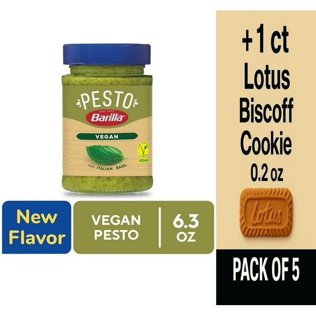 Barilla Vegan Pesto Pasta Sauce and Spread 6.3 oz - Pack of 5 & Lotus Biscoff Cookie - 0.2 Oz - 1 ct