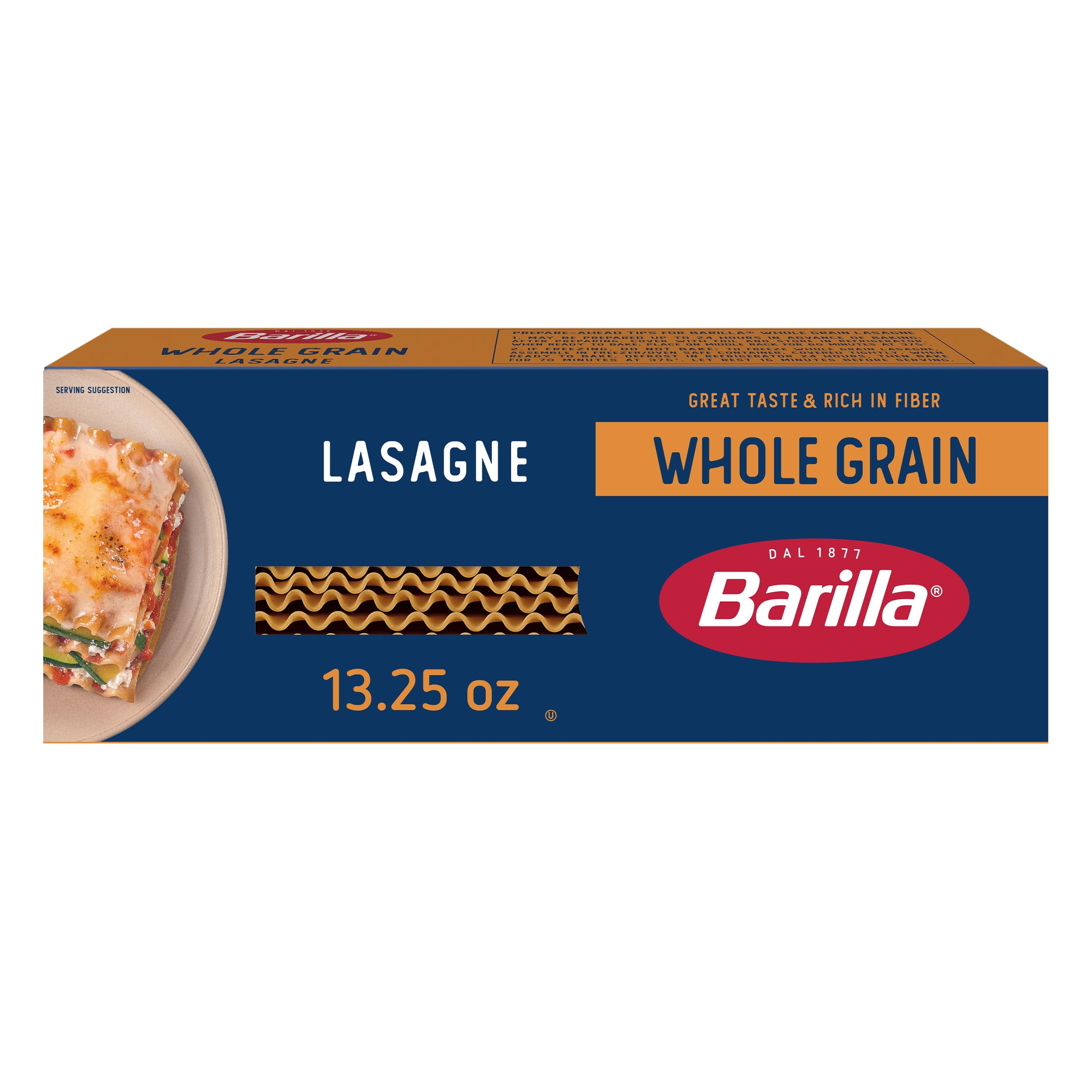 Barilla Whole Grain Wavy Lasagne, 13.25 oz. Box - Non-GMO Pasta Made With 100% Whole Grain Durum Wheat - Great Source of Fiber