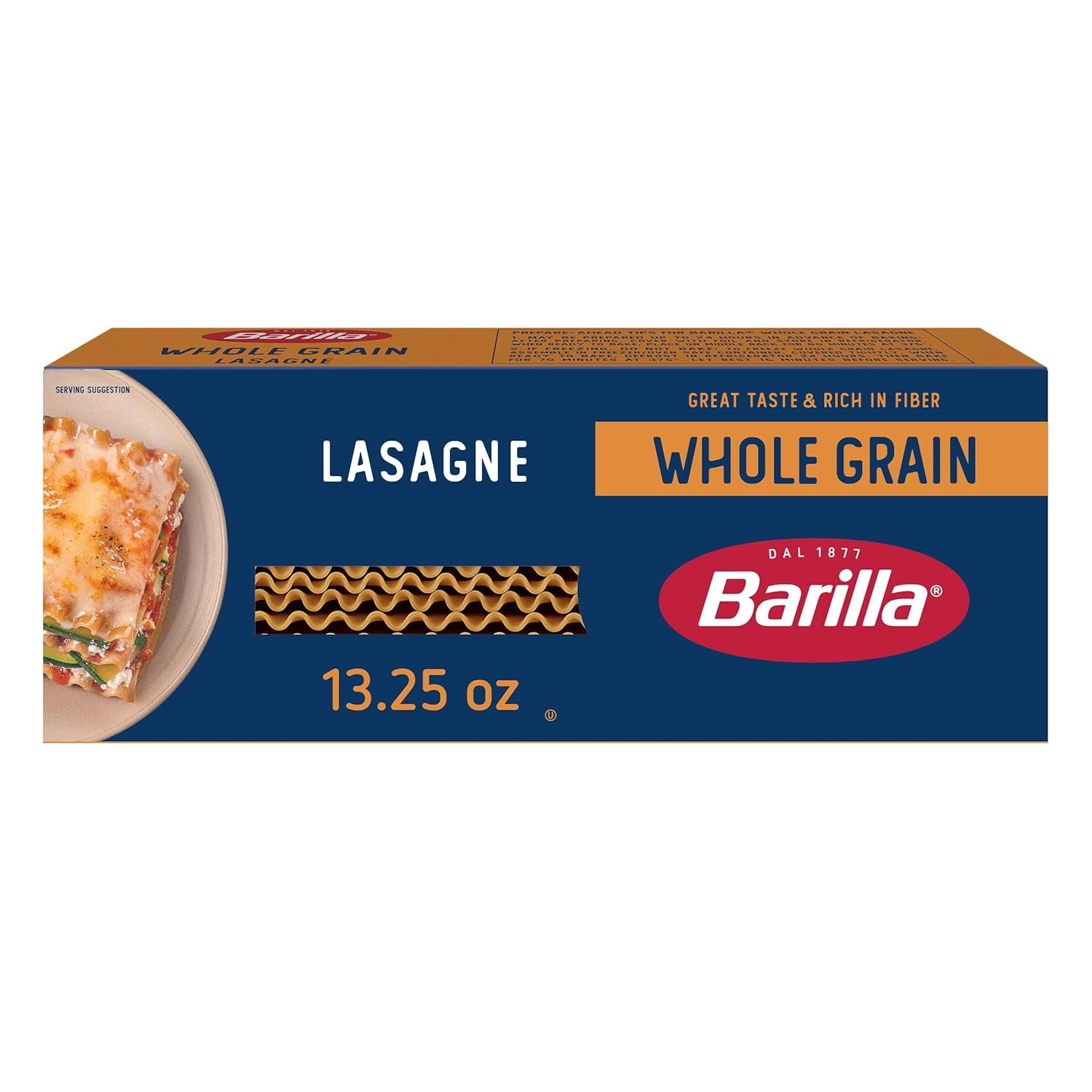 Barilla Whole Grain Wavy Lasagne, 13.25 oz. Box - Non-GMO Pasta Made With 100% Whole Grain Durum Wheat - Great Source of Fiber