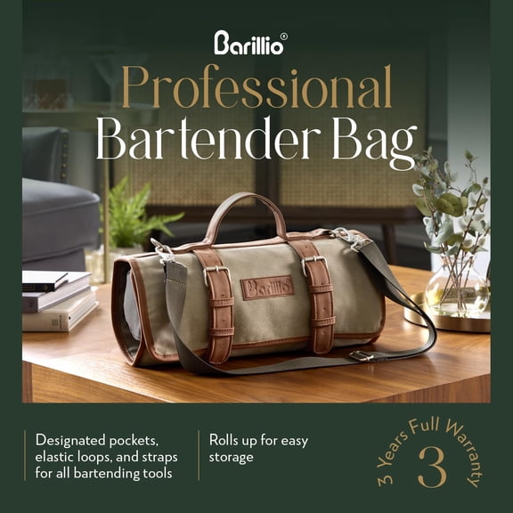 Barillio Bartender Bag (Without Tools) - Stylish, Waxed Canvas, Roll Up Traveling Bar Bag for Carrying Bar Tools and Cocktail Shaker Set with Shoulder Strap - Portable Travel Bartending Roll