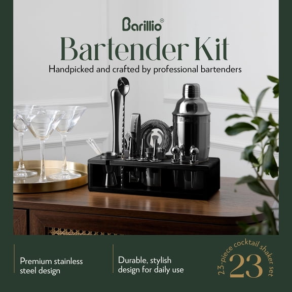 Barillio Black Bartender Kit - 23-Pc Bar Set with Black Bamboo Stand