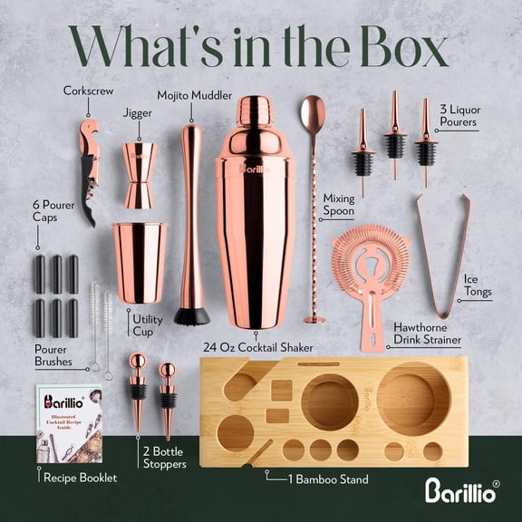 Barillio Rose Gold Bartender Kit - 23-Pc Bar Set with Bamboo Stand