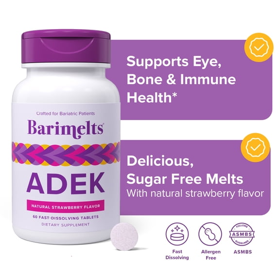 Barimelts ADEK, Post-Operation Bariatric Vitamins with Vitamin A, D, E, and K - Natural Strawberry Flavor, 60 Count