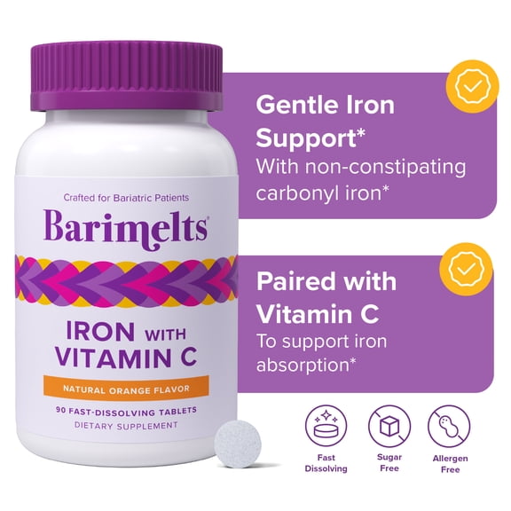Barimelts Bariatric Iron Supplement with Vitamin C, Fast-Dissolving, Orange Flavour, 90 Tablets