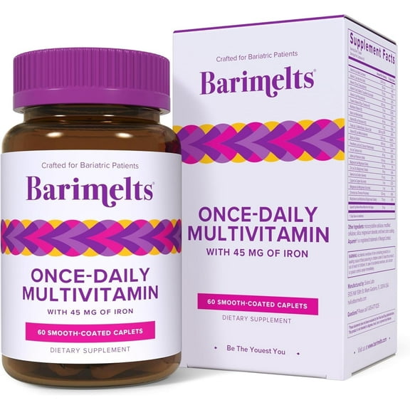 Barimelts Bariatric Once-Daily Multivitamin with Iron, 2 Month Supply (60 Caplets), Easy to Swallow Caplets, Bariatric Vitamins