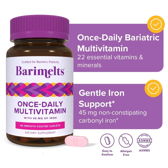 Barimelts Bariatric Vitamins, Once-Daily Bariatric Multivitamin with Iron and Magnesium, 60 caplets