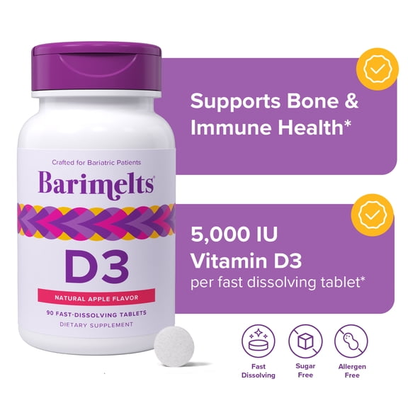 Barimelts Bariatric Vitamin D3 for Immune Support, 90 Fast-Melting Tablets, Post Weight Loss Surgery Patients, Apple Flavored Dietary Supplements