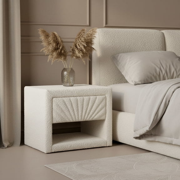 Baris Nightstand Ivory End Table, Modern Style, Textured Fabric 100% Polyester rectangular shape tabletop, MDF, Indoor Bedroom