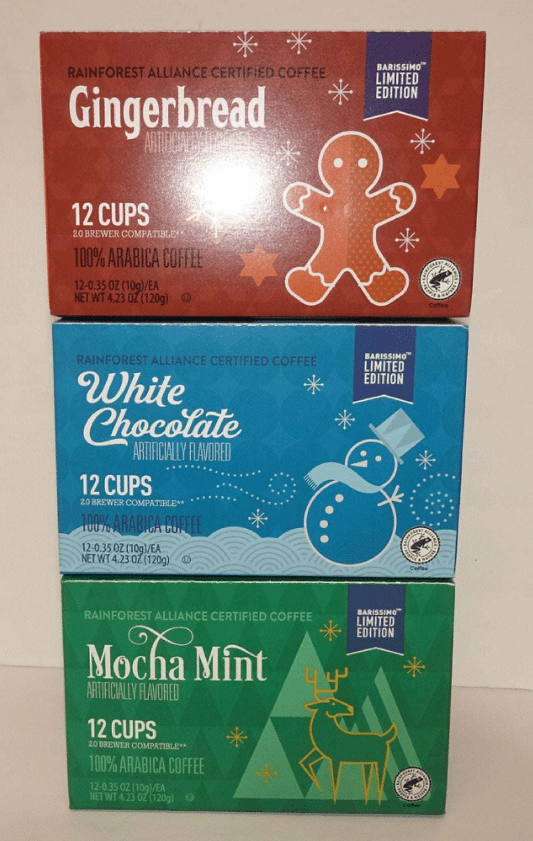 Barissimo 12 Cups Coffee, Gingerbread, White Chocolate, Mocha Mint 4.23oz 120g (3 Boxes)