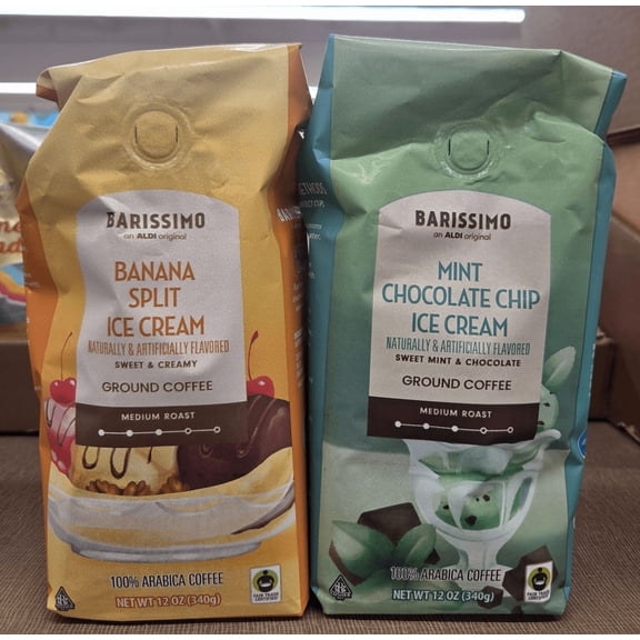 Barissimo Banana Split Ice Cream & Mint Chocolate Chip Ice Cream Ground Coffee 12oz 340g (Two Bags)