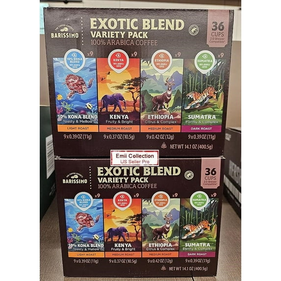Barissimo Exotic Blend Verity Pack 100% Arabica Coffee Kona, Kenya, Ethiopia, Sumatra 14.1oz 400.5g (2 Boxes)