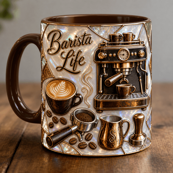 Barista Mug 3D Effect Coffee Lover Gift with Espresso Machine Latte Art Design