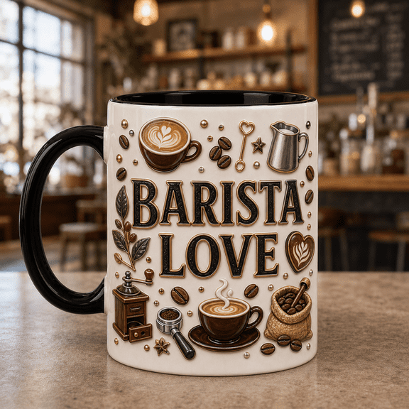 Barista Mug 3D Effect Latte Cup Design with Coffee Beans Gift for Coffee Lovers