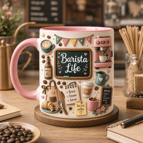 Barista Mug Coffee Lover Gift Pink Accent Coffee Cup for Cafe Staff or Espresso Fans