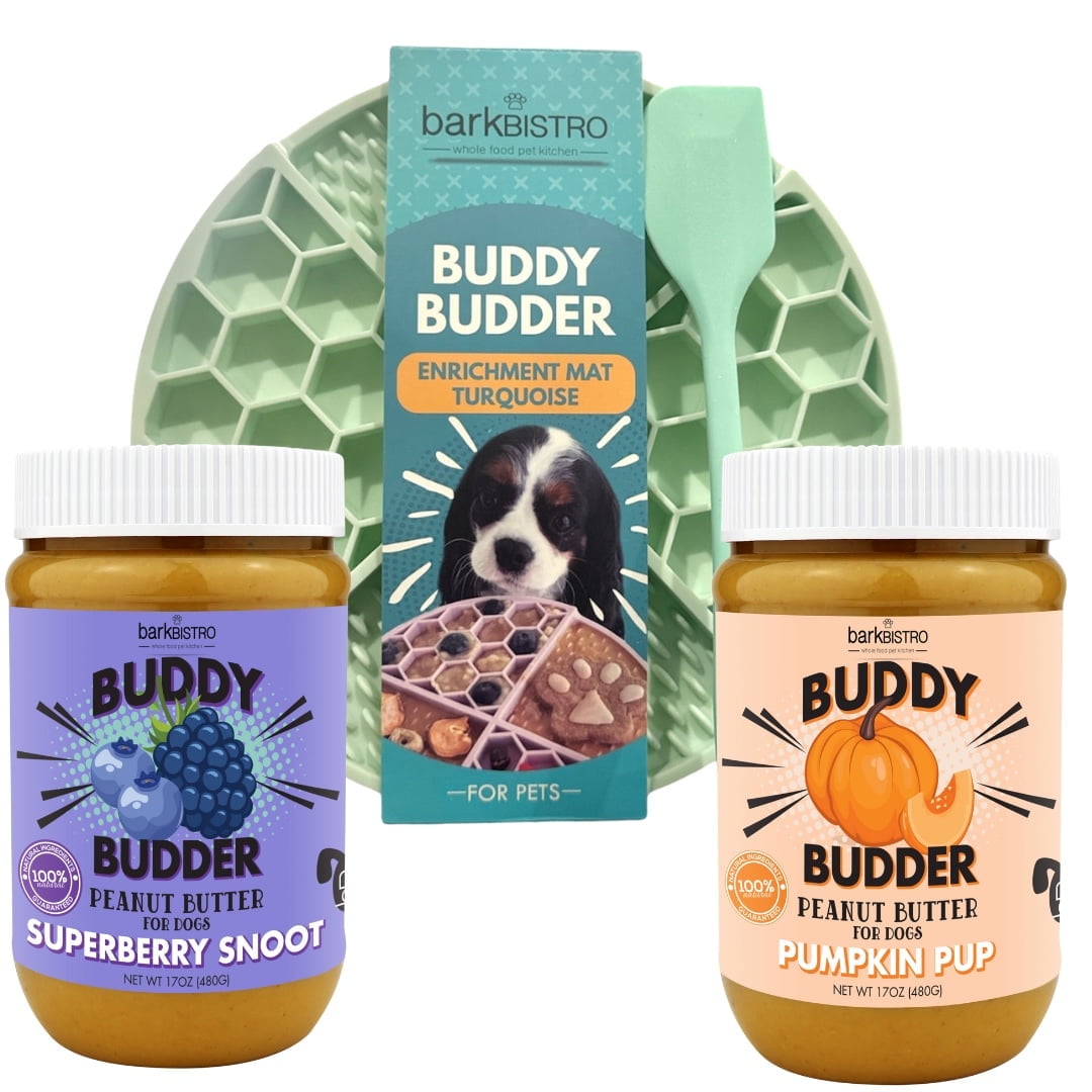 Bark Bistro Dog Peanut Butter - Superberry Snoot + Pumpkin Pup Buddy Budder & LickMat (Bundle), All Natural Peanut Butter Dog Treat (17oz)