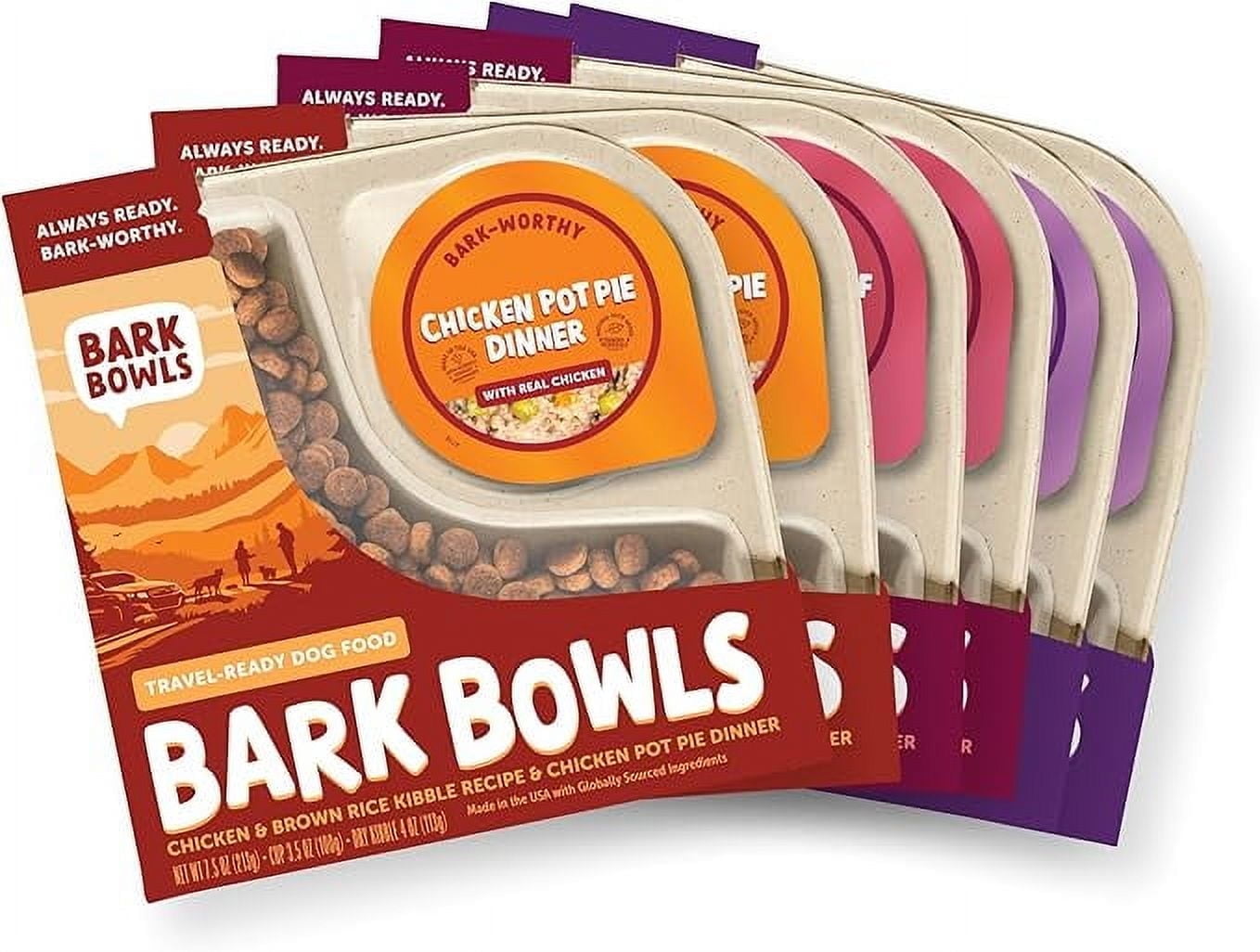 Bark Bowls On The Go Dog Food, Chicken Pot Pie Dinner, Turkey Fare Dinner & Homestyle Beef Dinner Variety Pack - 7.5 oz Tray (6 Count), Made in The USA