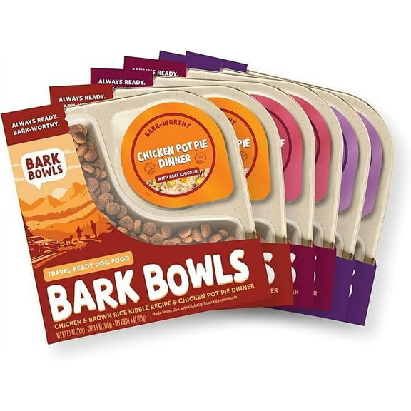 Bark Bowls On The Go Dog Food, Chicken Pot Pie Dinner, Turkey Fare Dinner & Homestyle Beef Dinner Variety Pack - 7.5 oz Tray (6 Count), Made in The USA
