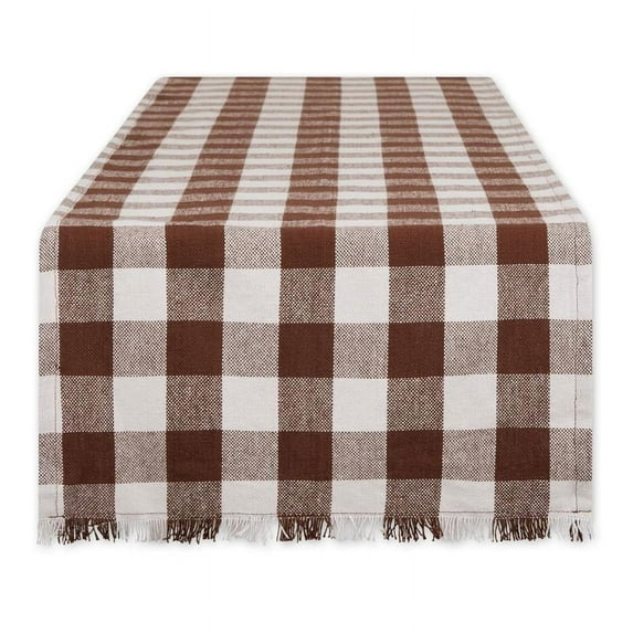 Bark Brown Heavyweight Check Fringed Table Runner Cotton 14x72